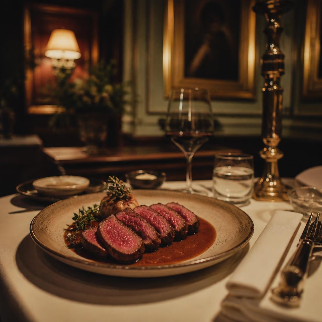 A plated course of sliced beef served by candlelight