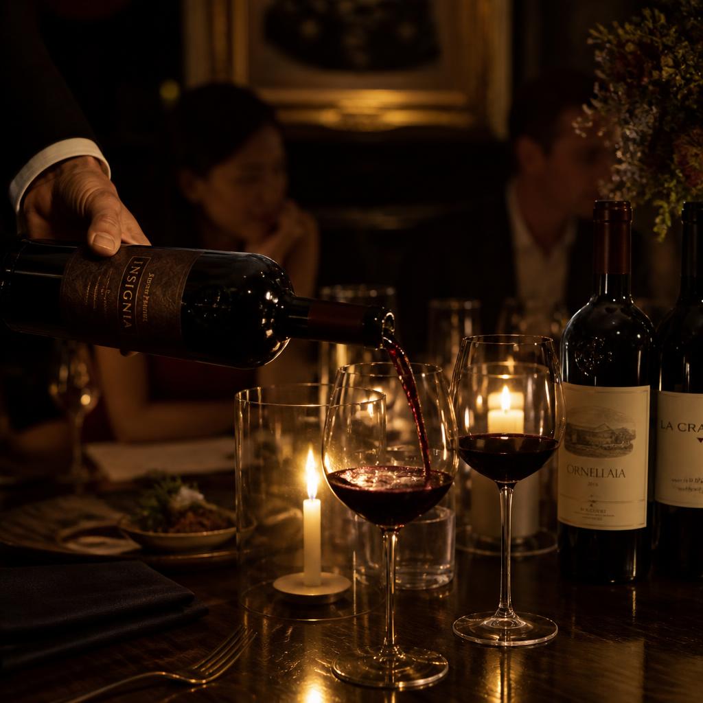 Red wine poured into glasses at a candlelit dining table