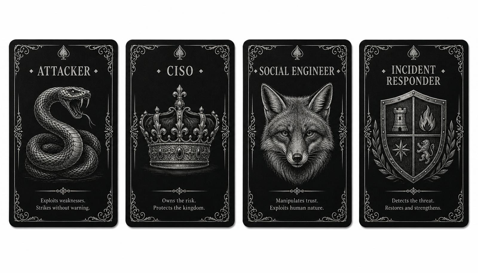 Illustrated role cards: The Attacker, The Social Engineer, The CISO and The Incident Responder